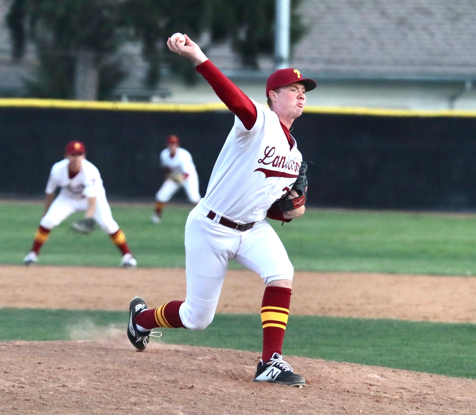 Returning player Ryan Graves throws a pitch during a 2020 Lancers game. PCC baseball hasn't played a game since March of that year.