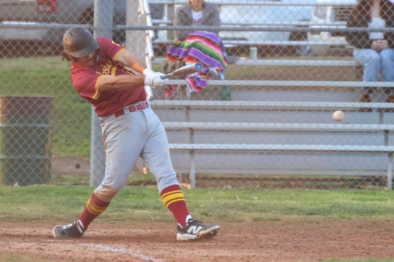 Brandon Gill lines a hit during PCC's win at LA Mission El Cariso Field on Thursday (photo by Richard Quinton).