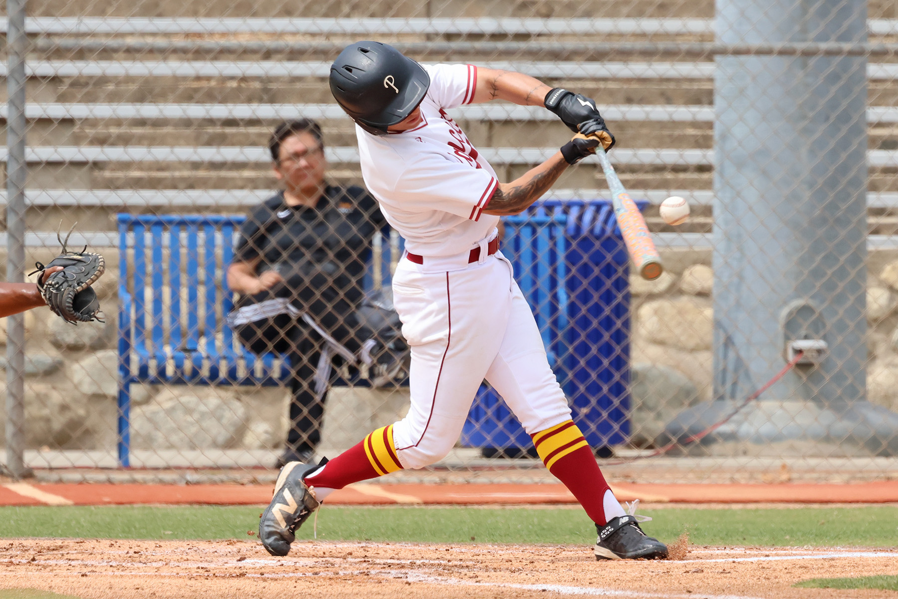 Luke Bauer with the RBI hit during PCC's win on Thursday (photo by Richard Quinton).