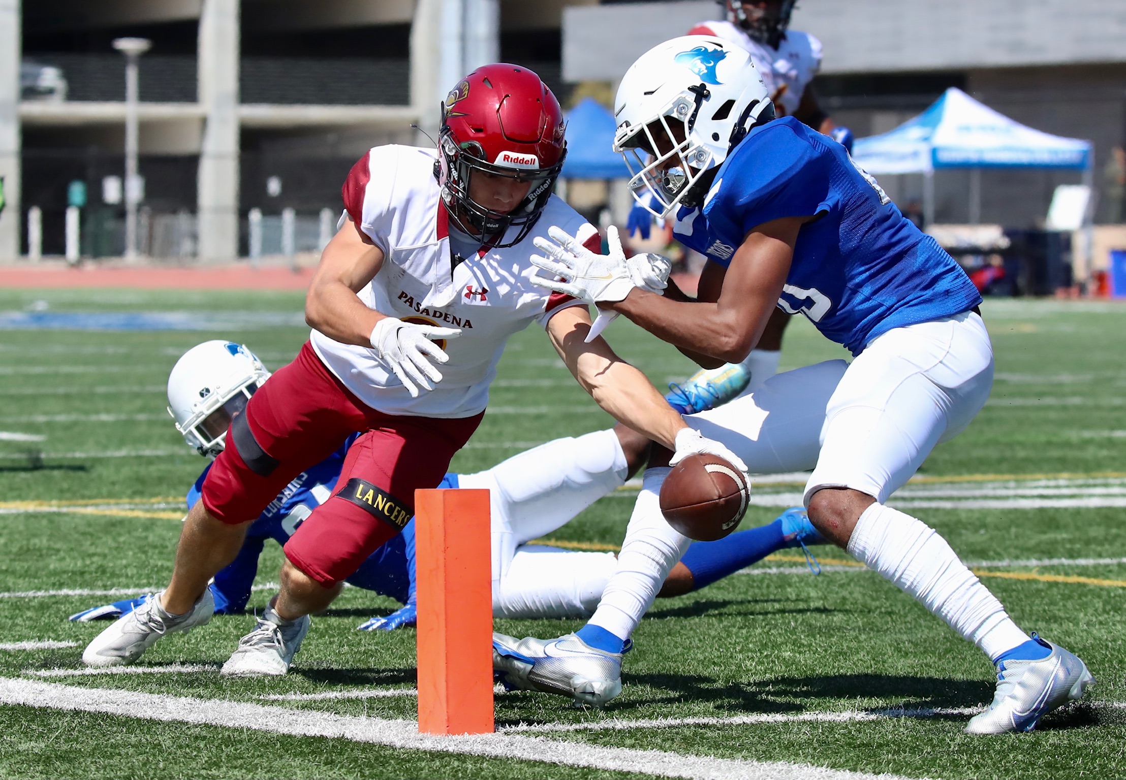 Lancers receiver Wheeler Smith tries to break the plain of the end zone on this play v. Santa Monica but the referees did not rule in his favor. PCC won 43-22. (photo by Michael Watkins).