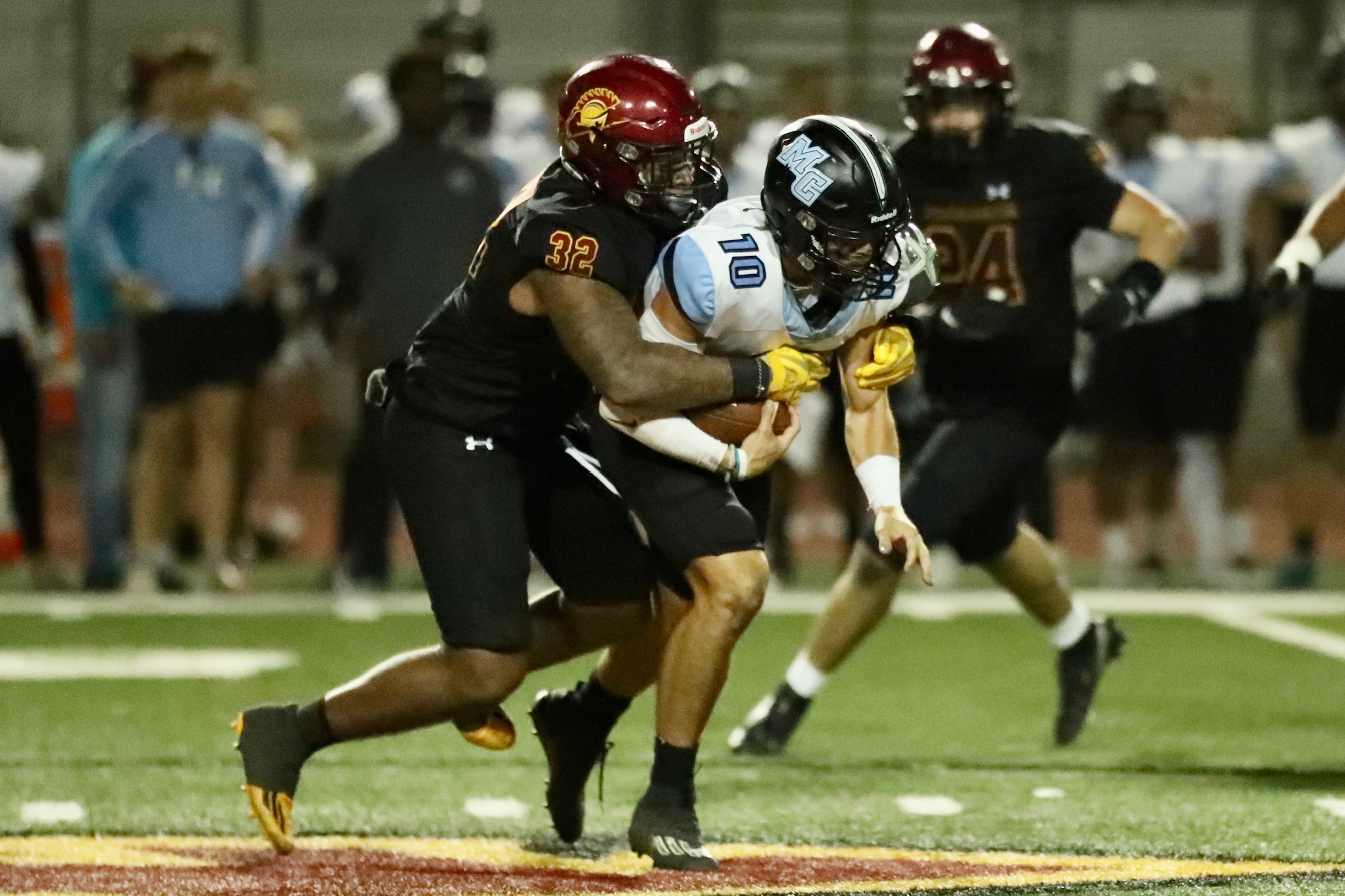 Jordan Monroe makes the tackle here during PCC's win over Moorpark on Friday (photo by Michael Watkins).