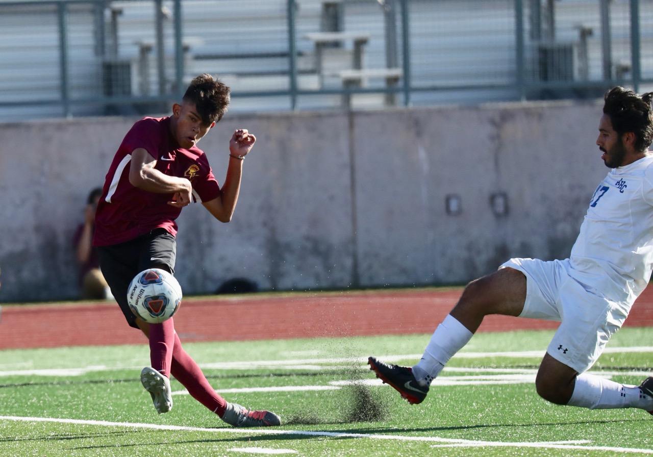 Lancer Mario Urbina drives in the team's second goal in a 2-0 win over Allan Hancock on Friday at Robinson Stadium, photo by Michael Watkins.