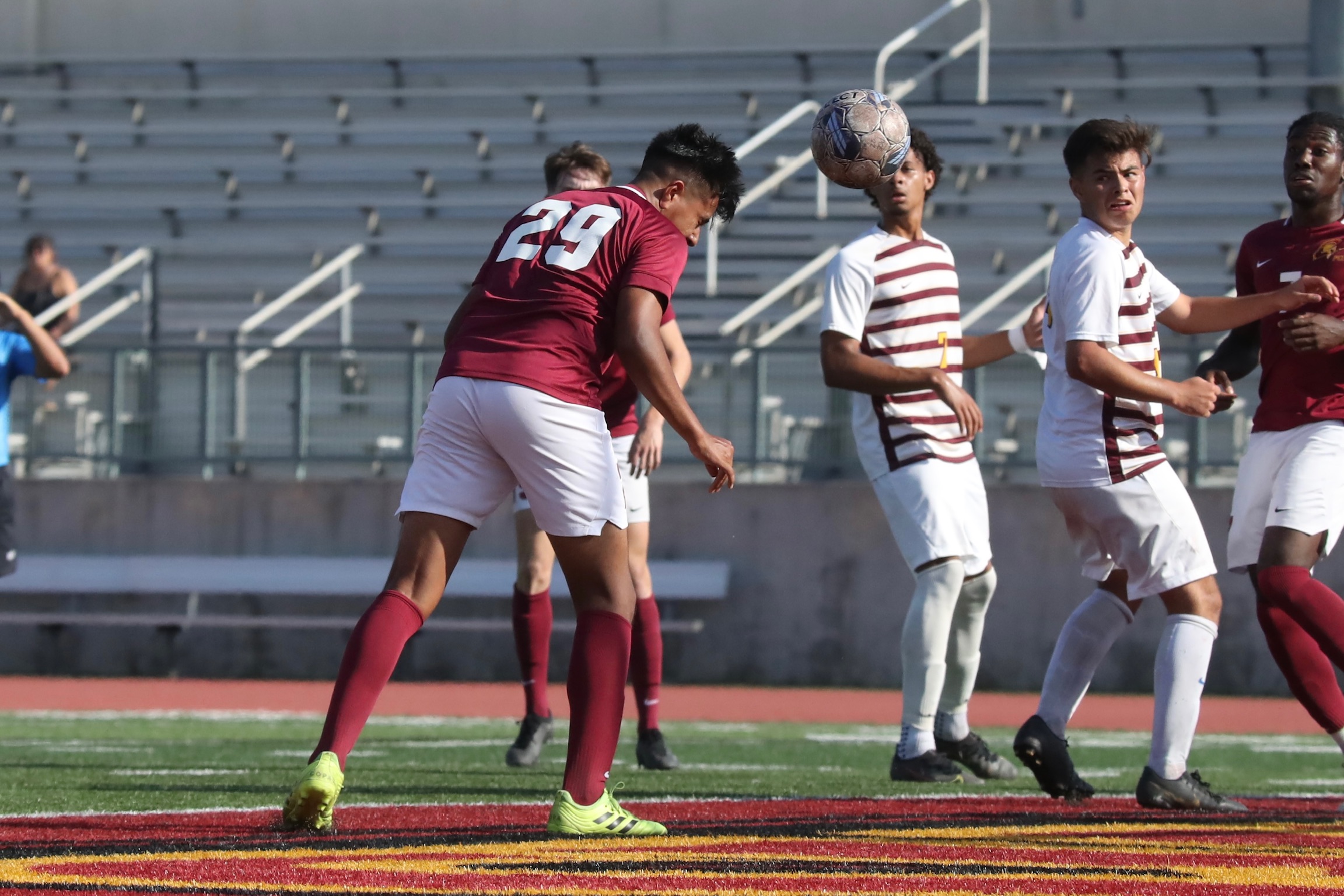 Jordy Aviles with the header during PCC's win over Victor Valley at Robinson Stadium Friday (photo by Michael Watkins).