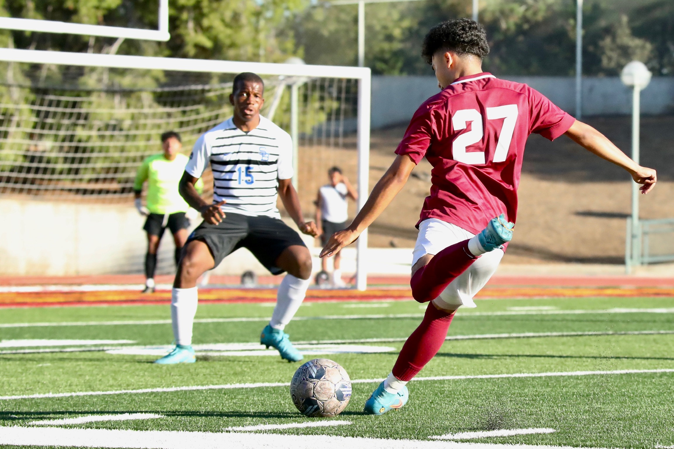 Eric Borja attempts a shot toward goal during PCC's loss on Wednesday at Robinson Stadium (photo by Michael Watkins).