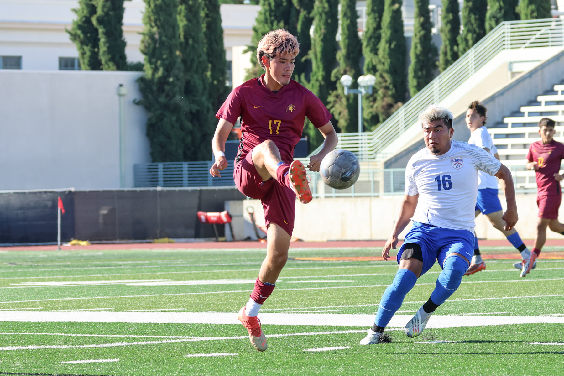 Jorky Aguiree plays the ball during PCC's game on Friday at Robinson Stadium (photo by Richard Quinton).