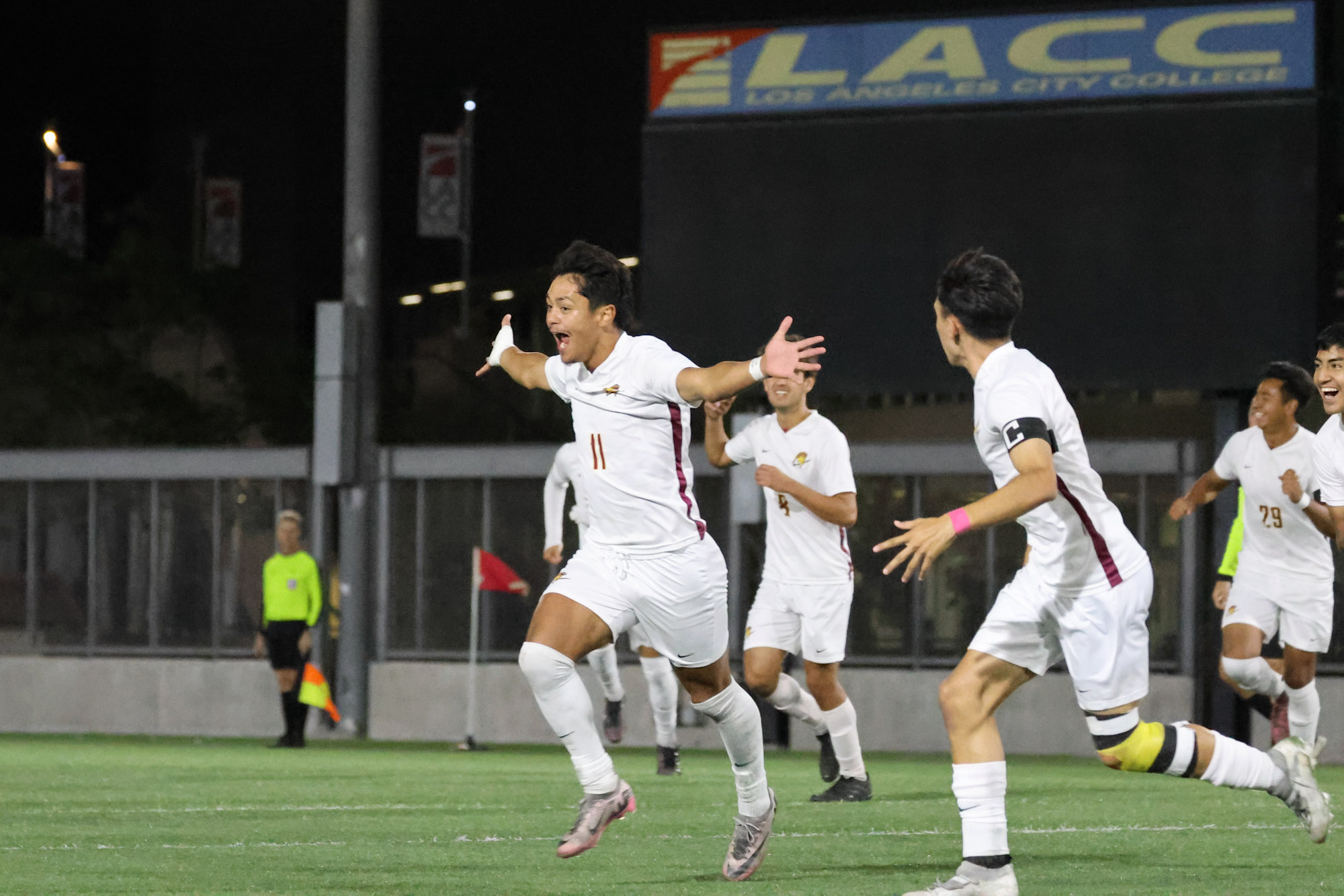 Diego Lazo celebrates the game's lone goal in PCC's win at LA City College Tuesday evening (photo by Richard Quinton).