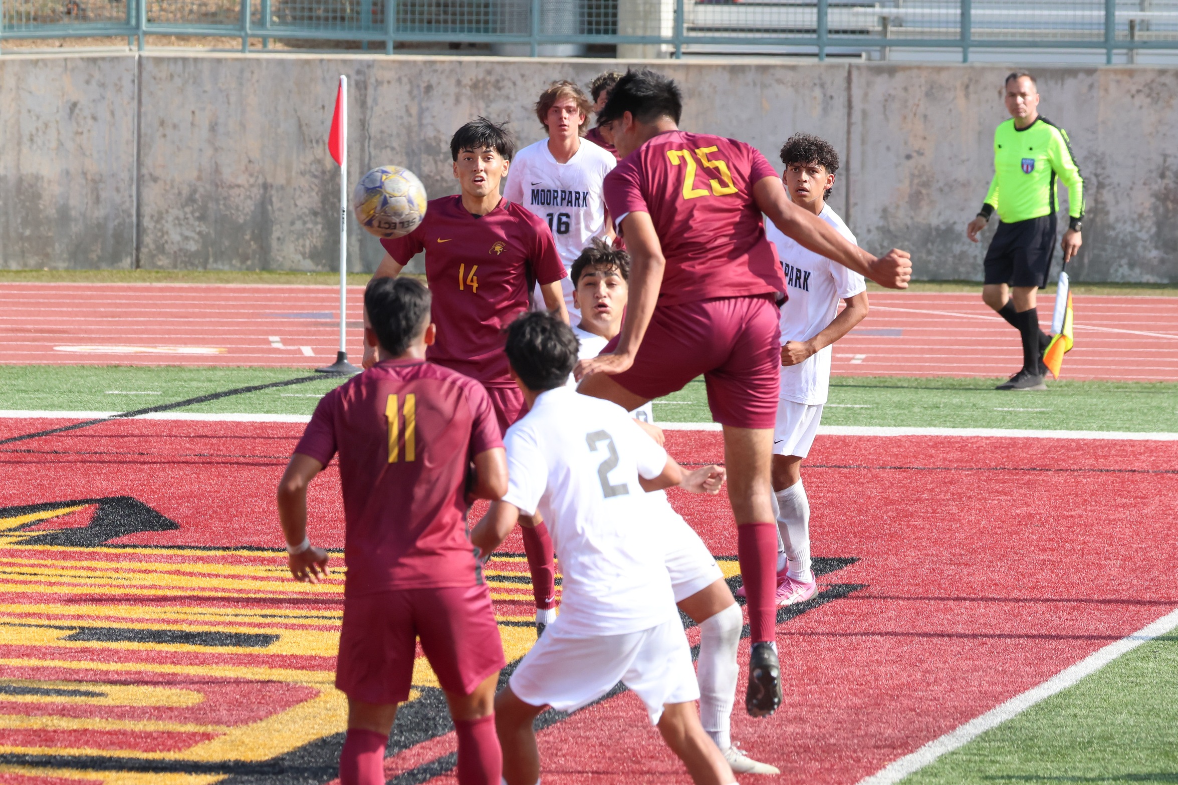 Josiah Lucio heads in the game-winning goal in PCC's season opener on Friday (photo by Richard Quinton).