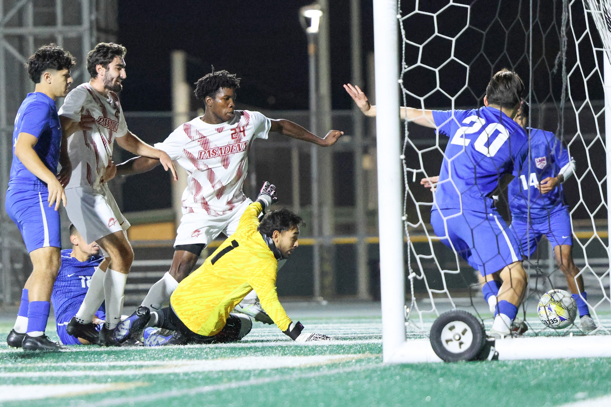 Jeremiah Alomo scores PCC's first goal in Wednesday night's OT defeat (photo by Richard Quinton).