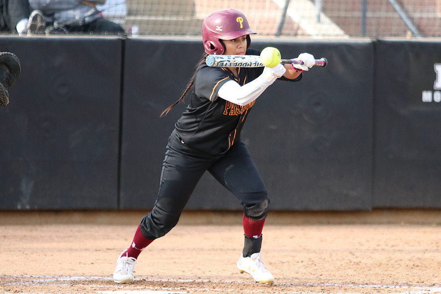 Kaylee Medrano drops a bunt during PCC's loss at Mt. San Antonio on Thursday, photo by Richard Quinton.