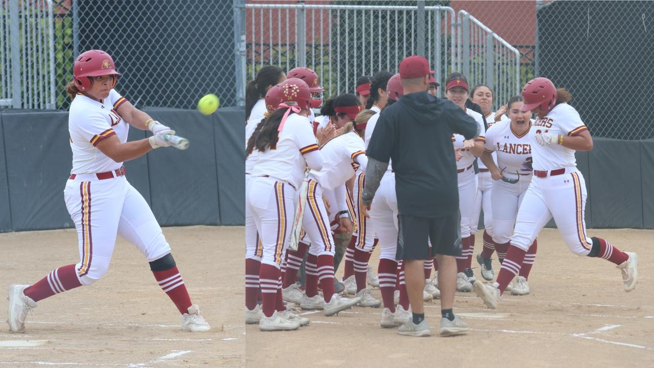 Jaimie Harris ties PCC's HR softball record with this swing on Wednesday at Robinson Park (photo by Richard Quinton).