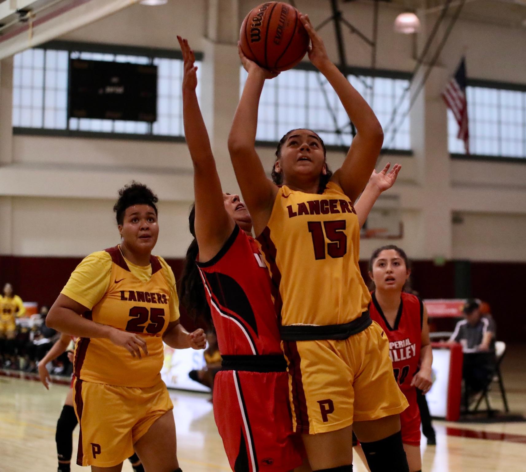 Lancers Samia Dinniene (15) and Tatiana Ayala (25) were two of just six players available for the San Jose City College Tournament this week.