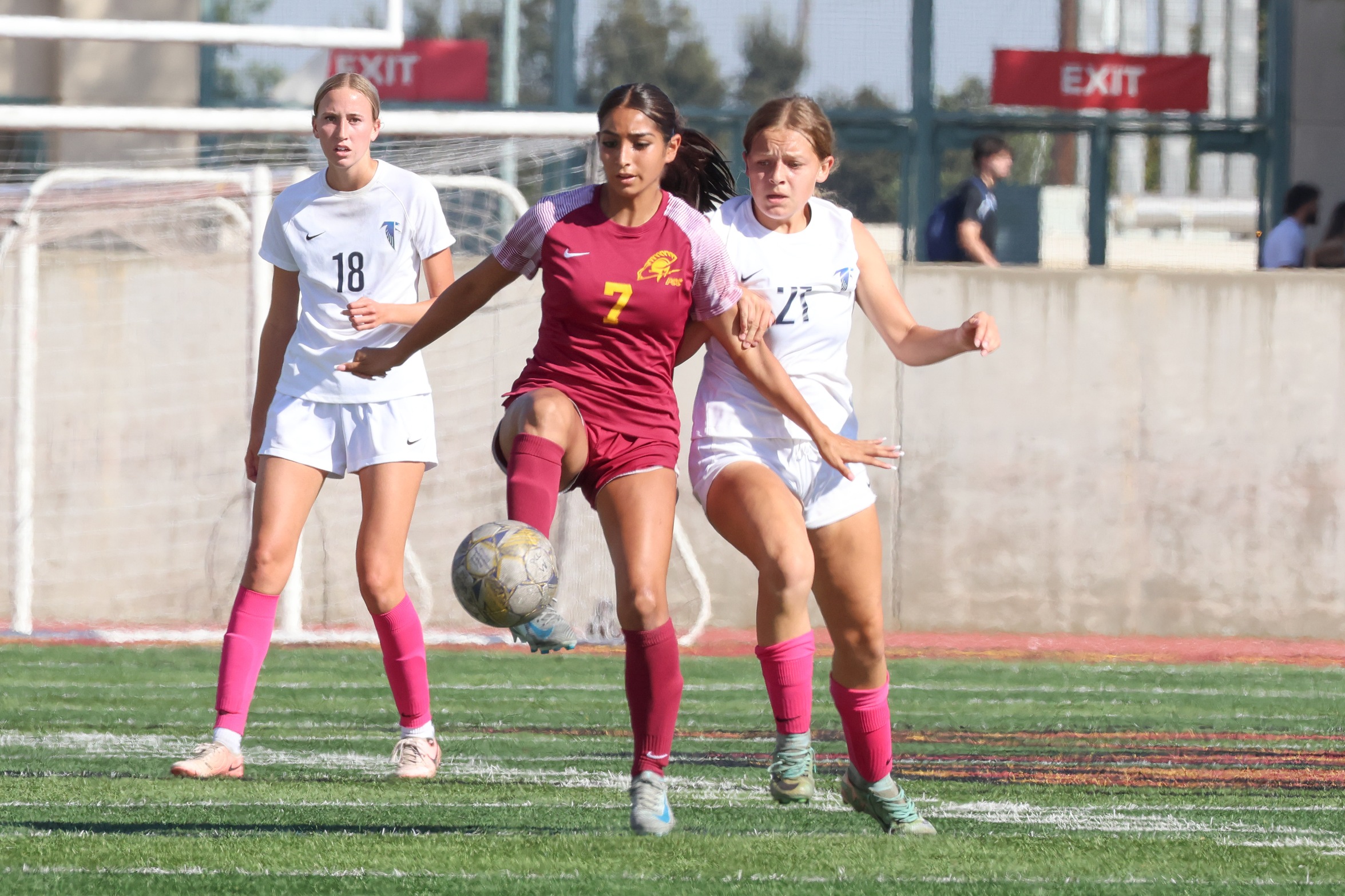 Monique Arciniega plays the ball during PCC's win on Friday (photo by Richard Quinton).