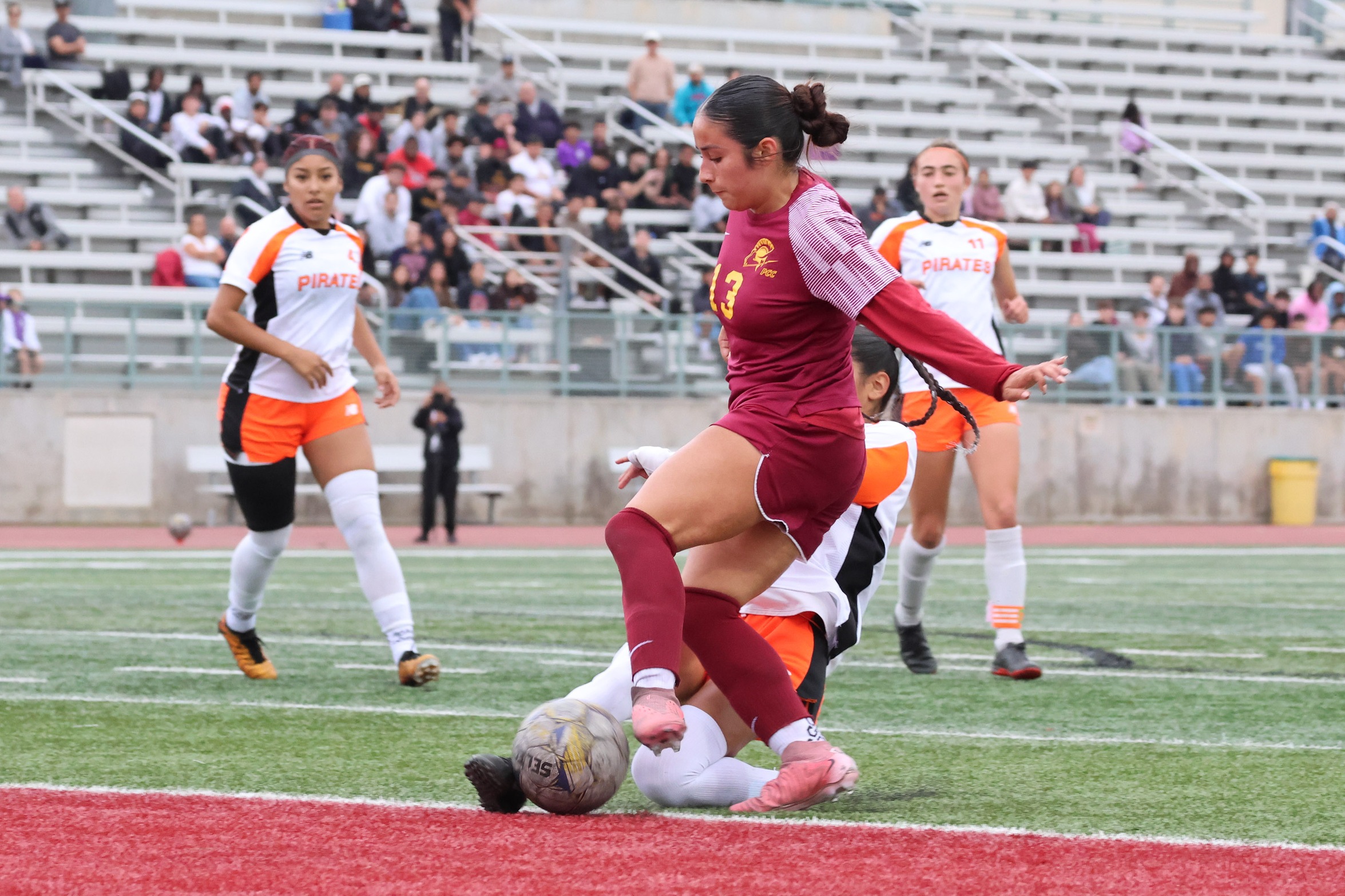 Angely Puga goes for a shot attempt in PCC's Round 3 win on Tuesday at Robinson Stadium (photo and gallery by Richard Quinton).