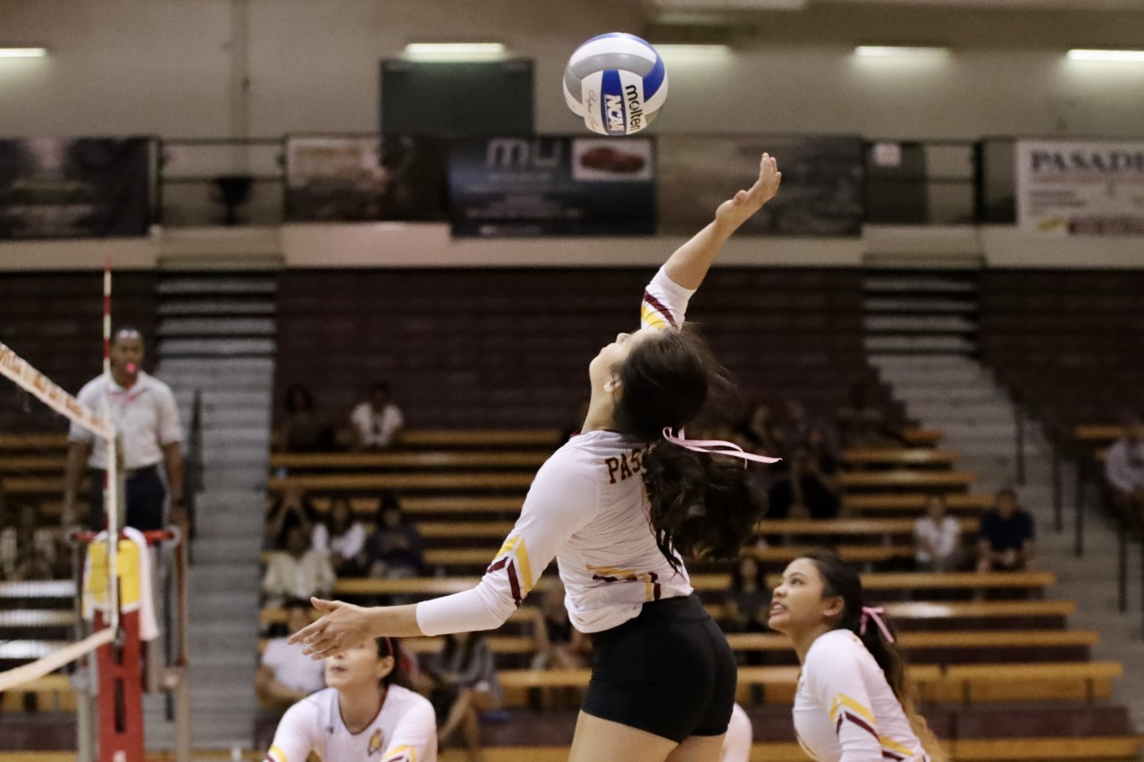 Lancer Nalani Young makes an attack during PCC's 5-set win on Wednesday night, photo by Michael Watkins.