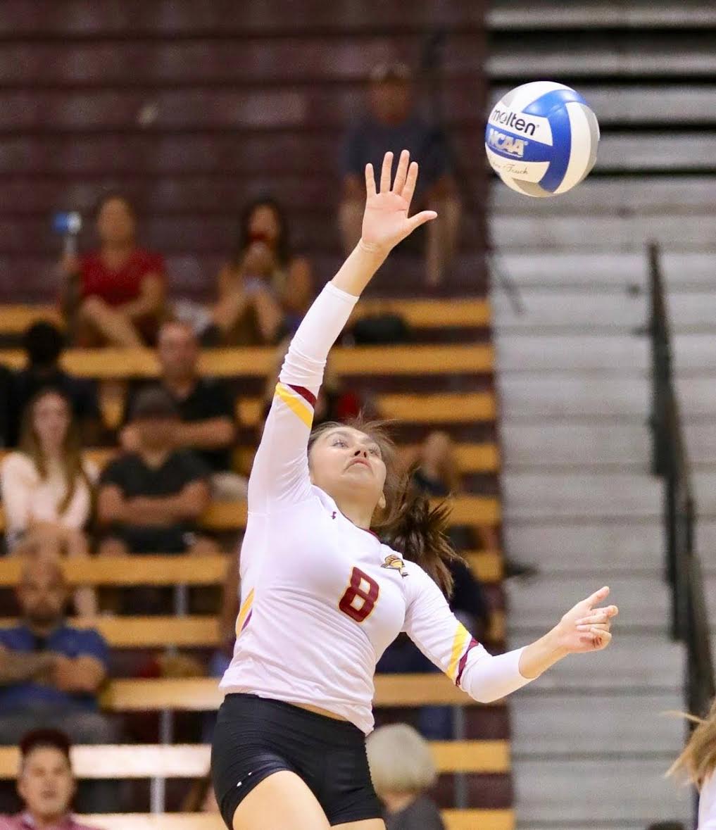 Lancer Nalani Young had 17 kills in PCC's home-opening win Wednesday evening, photo by Michael Watkins.
