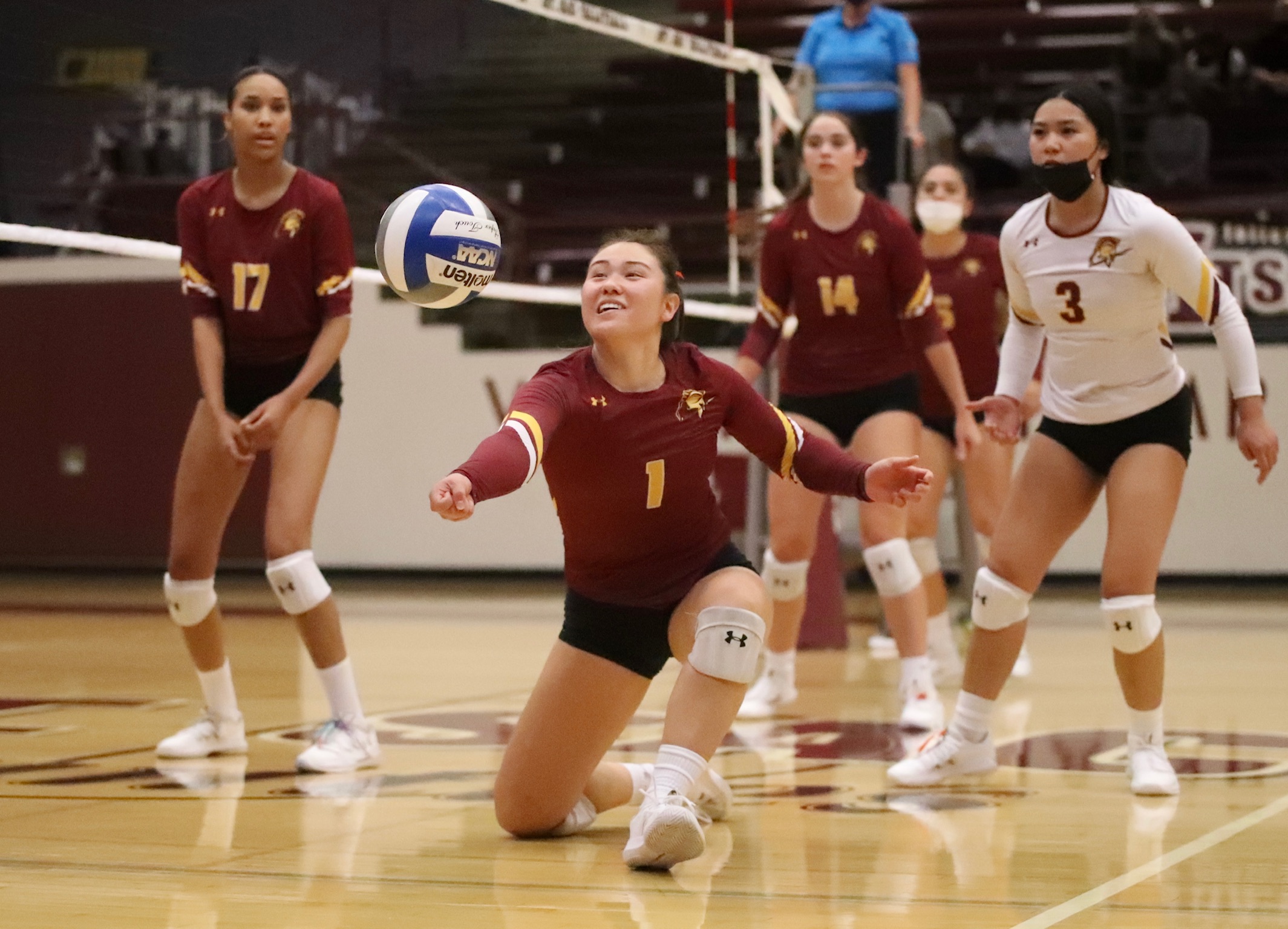 Saku Yoshioka makes the defensive play here during PCC's 5-set win at Mt. San Antonio Friday night (photo by Michael Watkins).